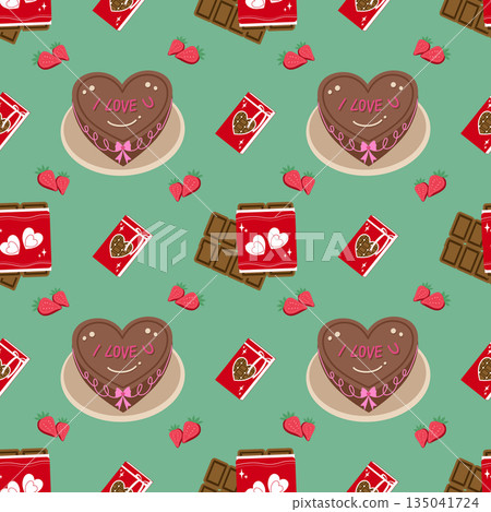 Valentine's Day seamless pattern with heart-shaped chocolate cake and strawberries Valentine's Day seamless pattern with heart-shaped chocolate cake and strawberries 135041724