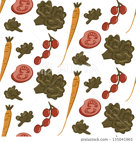 Vegetable seamless pattern with carrot, tomato, lettuce and berry elements drawn in flat hand drawn vector style on white background. The illustration represents healthy food, organic nutrition Vegetable seamless pattern with carrot, tomato, lettuce and berry elements drawn in flat hand drawn vector style on white background. The illustration represents healthy food, organic nutrition 135041965