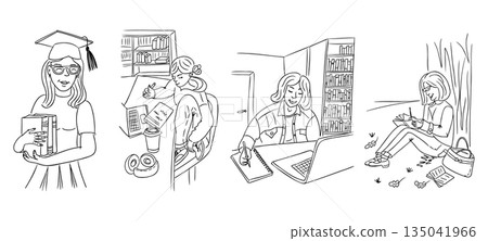 Studying girls doodle set with female students reading, writing and working on laptop in hand drawn line art style isolated on white background. The illustration represents education, learning process Studying girls doodle set with female students reading, writing and working on laptop in hand drawn line art style isolated on white background. The illustration represents education, learning process 135041966
