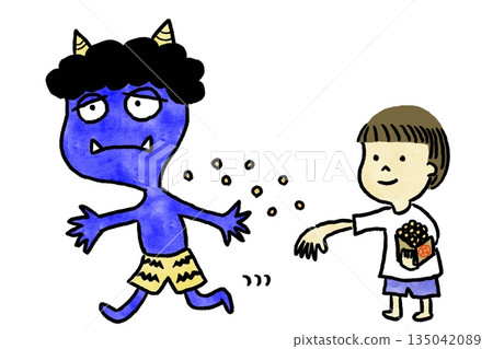 節分——藍色惡魔躲避扔豆子的襲擊和一個微笑的孩子——透明水彩插圖 節分——藍色惡魔躲避扔豆子的襲擊和一個微笑的孩子——透明水彩插圖 135042089
