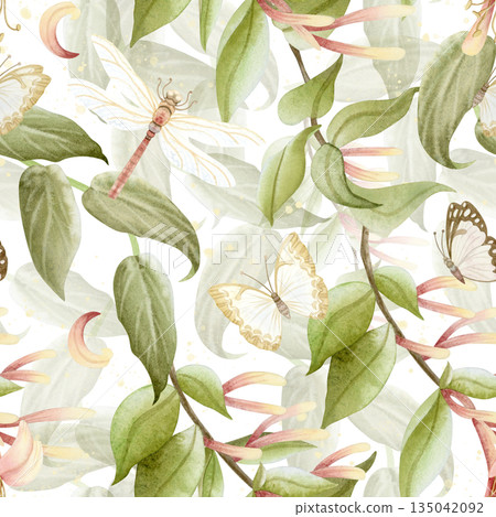 Watercolor butterflies and dragonflies on garden hedge seamless pattern on white. Blooming honeysuckle flowers and green vines repeat background for spring designs. Botanical liana in pastel colors Watercolor butterflies and dragonflies on garden hedge seamless pattern on white. Blooming honeysuckle flowers and green vines repeat background for spring designs. Botanical liana in pastel colors 135042092