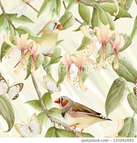 Spring garden blooming flowers with birds and butterflies watercolor seamless pattern. Honeysuckle blossom and finch songbirds on vine repeat background. Hedge with sunshine 135042093