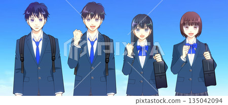 一幅動漫風格的插畫，描繪了一位高中或初中男生和一位女生，他們背著背包，書包，背景是廣闊的藍天。 135042094