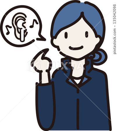 插圖描繪了一位戴著耳機、身穿藏藍色制服的女工作人員，她正在提醒人們注意自己的穿著。 135042098