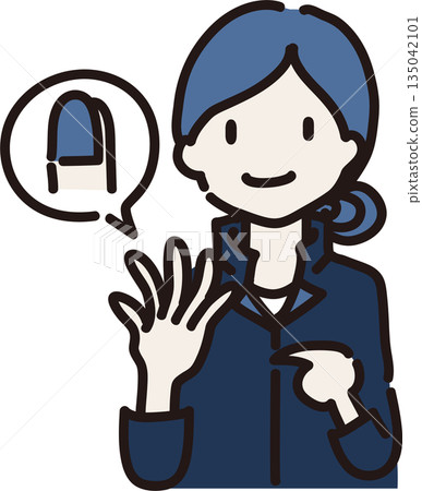 插圖描繪了一位身穿藏藍色制服、塗著指甲油的女工,她正在提醒人們注意自己的穿著。 插圖描繪了一位身穿藏藍色制服、塗著指甲油的女工,她正在提醒人們注意自己的穿著。 135042101