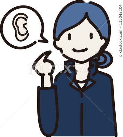 Illustration of a female worker in a navy blue uniform pointing at her ear to warn people to be careful about what they are wearing Illustration of a female worker in a navy blue uniform pointing at her ear to warn people to be careful about what they are wearing 135042104