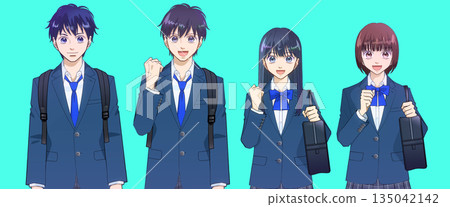 動漫風格的插圖，描繪了背著背包和書包的高中或初中男女學生。 135042142