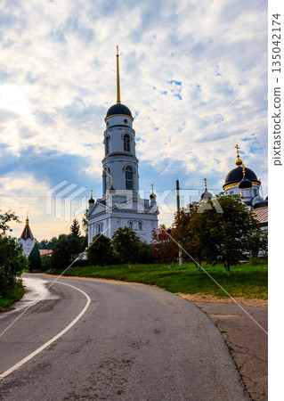 Bell tower of St. Tikhon's Transfiguration convent in Zadonsk, Russia 135042174
