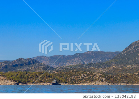 Turkish navy warship sailing in the Mediterranean sea. Protection of water borders of Turkey Turkish navy warship sailing in the Mediterranean sea. Protection of water borders of Turkey 135042198
