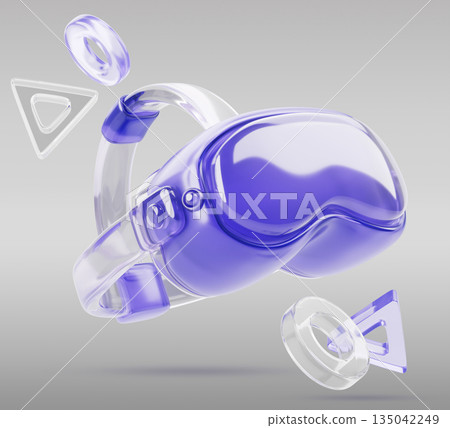 VR headset 3d icon, virtual reality glasses with transparent purple design and flying geometric controller button symbols on grey bg. Glass holographic vr goggles for metaverse game. 3D illustration 135042249