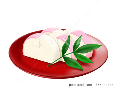 紅白相間的魚糕（混合魚餅）盛於漆盤中 135042272