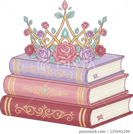 Stack of beautifully decorated books topped by a crown with roses and jewels 135042294