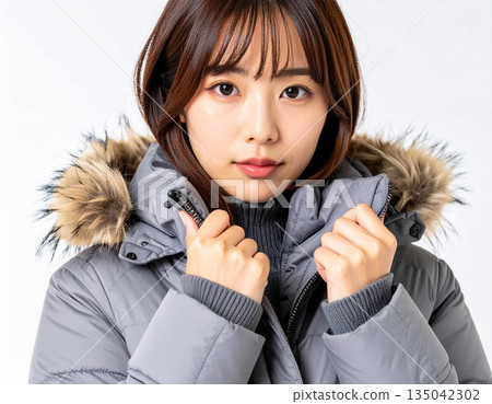 一位年輕女子身穿羽絨衣擺姿勢拍照 一位年輕女子身穿羽絨衣擺姿勢拍照 135042302