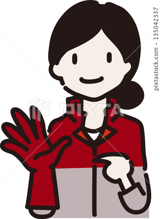 插圖描繪了一位戴著長橡膠手套、身穿紅色制服的女工,她提醒人們注意自己的穿著。 插圖描繪了一位戴著長橡膠手套、身穿紅色制服的女工,她提醒人們注意自己的穿著。 135042337