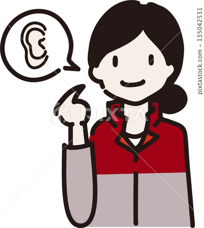 Illustration of a female worker in a red uniform pointing at her ear to warn others about what she is wearing 135042531
