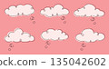 Cute bubble clouds illustration with curly doodle lines on soft pink background playful whimsical sky elements in hand drawn style for children design nursery art posters cards 135042602