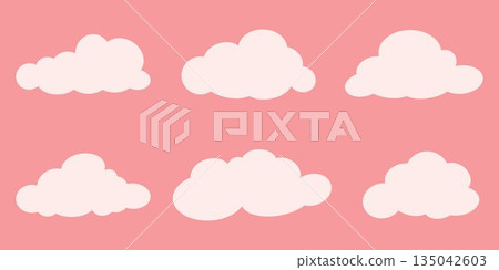 Hand drawn style cloud set showing multiple soft rounded sky clouds in light pastel colors with simple shapes smooth edges and calm visual rhythm creating an airy gentle and minimal scene 135042603