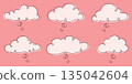 Hand drawn speech bubble illustration set with soft cloud shapes and curly tails in pastel pink background showing multiple cartoon dialog bubbles with smooth lines gentle style 135042604