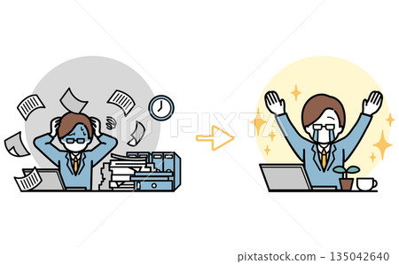 圖示一位商人因文書工作而加班加點，如今由於工作方式的改進，他有了更多放鬆時間。圖中展示了工作方式改進前後的對比。 135042640
