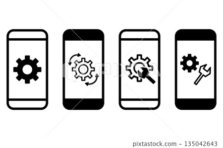 Simple black and white icon set representing smartphone settings and system management 135042643