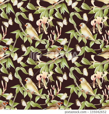 Lush garden plants with birds and butterflies on honeysuckle watercolor seamless pattern on dark brown. Realistic songbirds and blooming vine flowers repeat background for spring nature wallpapers 135042652