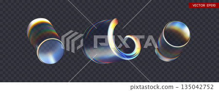 Set of 3d transparent iridescent glossy twist round shapes and cylinders with dispersion effect. Rainbow colors reflection glass. Vector illustration. Set of 3d transparent iridescent glossy twist round shapes and cylinders with dispersion effect. Rainbow colors reflection glass. Vector illustration. 135042752