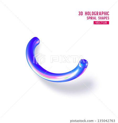 3d holographic abstract spiral shape. Glossy geometric blue primitive with shadow on white background. Iridescent trendy design, thin film effect. Vector. 3d holographic abstract spiral shape. Glossy geometric blue primitive with shadow on white background. Iridescent trendy design, thin film effect. Vector. 135042763