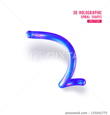 3d holographic abstract spiral shape. Glossy geometric blue primitive with shadow on white background. Iridescent trendy design, thin film effect. Vector. 135042775