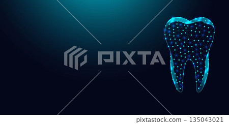 Low poly wireframe human tooth on dark blue background. Low poly wireframe human tooth on dark blue background. 135043021