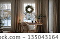 Nordic style home office with wooden desk, soft textiles, winter view outside the window, and natural decor 135043164