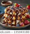 A decadent stack of waffles drizzled with melted chocolate and topped with fresh berries 135043180