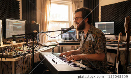 Happy man playing keyboard and singing in studio. AI-generated item 135043309