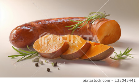 Smoked sausage sliced vegetable gourmet food closeup rosemary herb Smoked sausage sliced vegetable gourmet food closeup rosemary herb 135043441