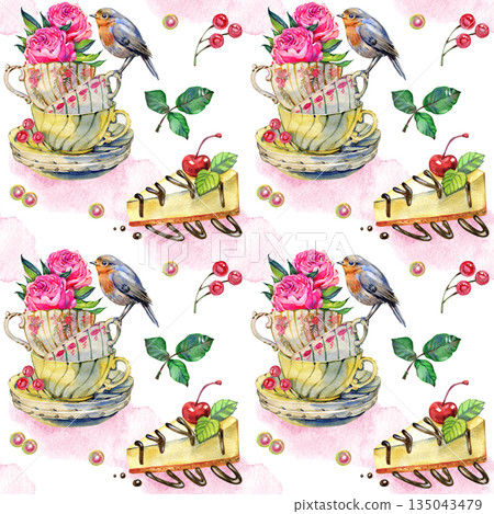Seamless watercolor pattern with vintage teacups, blooming roses, small bird, berries and dessert. Romantic hand painted design for wrapping paper, stationery, textiles, invitations and surface design 135043479