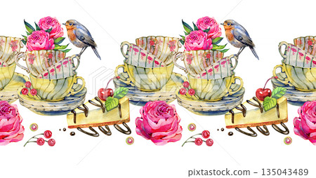 Hand painted watercolor seamless border in a summer cottagecore style featuring vintage teacups with blooming pink roses, small songbird, berries and dessert. Perfect for romantic designs, stationery 135043489