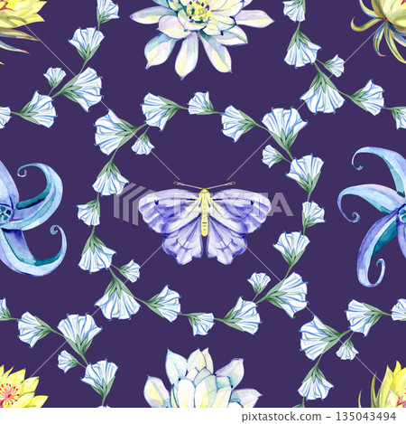 Elegant watercolor illustration with moon flowers, floral wreaths and butterflies. Soft magical botanical pattern with dreamy night mood, created for romantic weddings, stationery, textiles and Elegant watercolor illustration with moon flowers, floral wreaths and butterflies. Soft magical botanical pattern with dreamy night mood, created for romantic weddings, stationery, textiles and 135043494