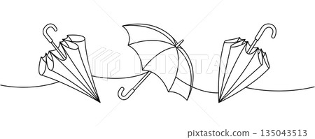Umbrella and folded umbrellas on curved line. Minimalist outline vector design for rain protection and seasonal weather concepts Umbrella and folded umbrellas on curved line. Minimalist outline vector design for rain protection and seasonal weather concepts 135043513