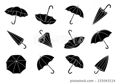 Black umbrella silhouettes in various styles, minimalist vector collection for rain and weather design themes Black umbrella silhouettes in various styles, minimalist vector collection for rain and weather design themes 135043514