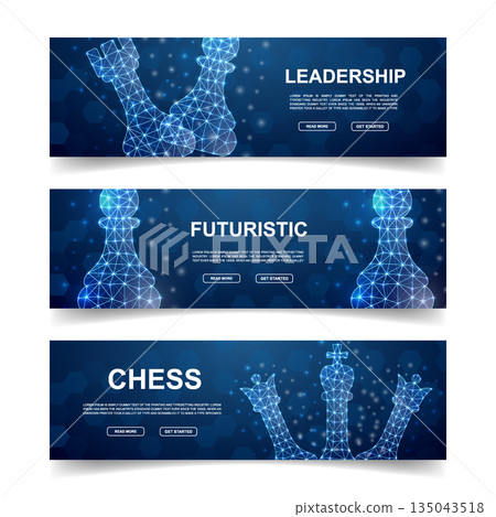Futuristic chess banners with glowing polygonal pieces, modern digital strategy and leadership concept for technology and innovation 135043518