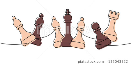 Linear minimalist outline of five chess pieces including bishops, king, pawn, rook on a line, contour art of team strategy 135043522