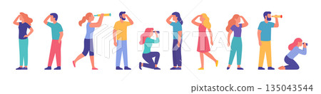 Group of diverse people looking forward with spyglasses or binoculars. Colorful modern design for exploration themes Group of diverse people looking forward with spyglasses or binoculars. Colorful modern design for exploration themes 135043544