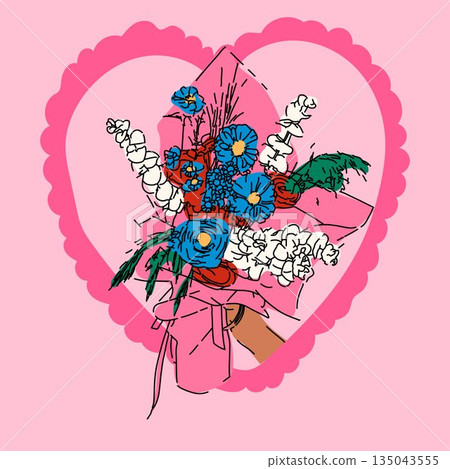 Hand Holding a Colorful Flower Bouquet in Heart Frame Hand Holding a Colorful Flower Bouquet in Heart Frame 135043555