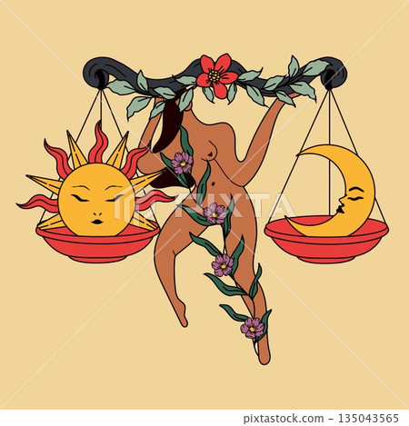 Feminine Symbolism of Sun, Moon, and Scales with Floral Details 135043565