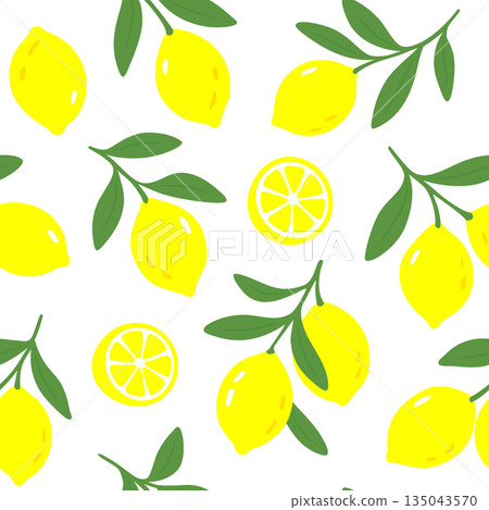 Bright yellow lemon pattern. Flat citrus fruit and leaf in seamless playful modern style 135043570