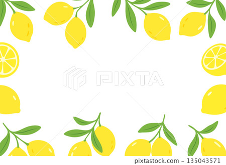Flat lemon border. Citrus fruits and leaves frame on white background 135043571
