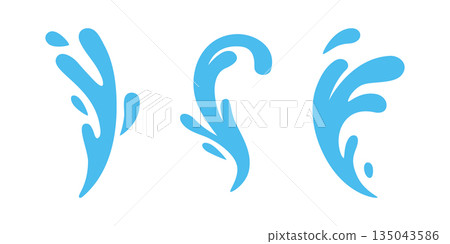 Set of three tall blue water splash waves. Flat cartoon liquid shapes for abstract design, decoration and creative graphics 135043586