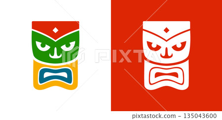 Color and white tiki mask variations with fierce face. Polynesian tribal vector design for tattoos, posters and cultural festival projects Color and white tiki mask variations with fierce face. Polynesian tribal vector design for tattoos, posters and cultural festival projects 135043600