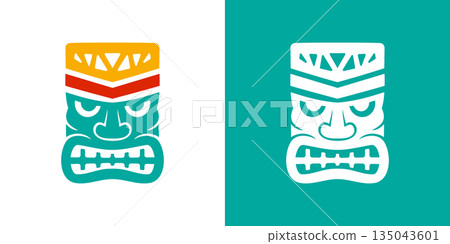 Tiki mask with geometric crown ornaments. Polynesian tribal style vector illustration for tattoos, festival posters and decor projects 135043601