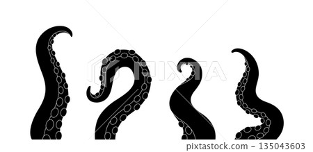Cartoon squid tentacles with suction cups. Octopus arms set for underwater, nautical, fantasy monster and marine themes 135043603