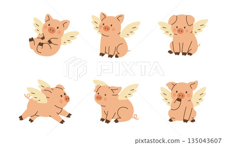 Cute flying pigs with white wings. Adorable fantasy farm animal vector illustration in playful style for kids Cute flying pigs with white wings. Adorable fantasy farm animal vector illustration in playful style for kids 135043607